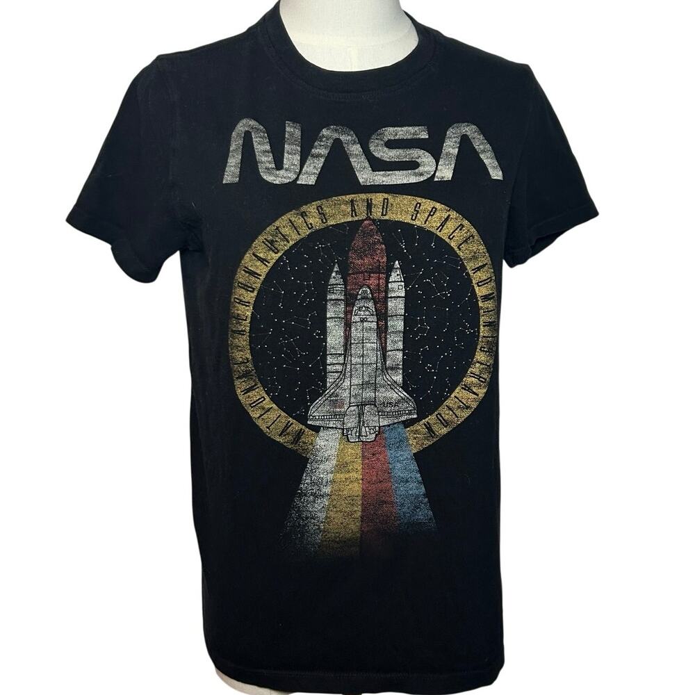 NASA Space Shuttle Graphic Black Cotton T-Shirt M Grunge Y2K Geek Science Retro